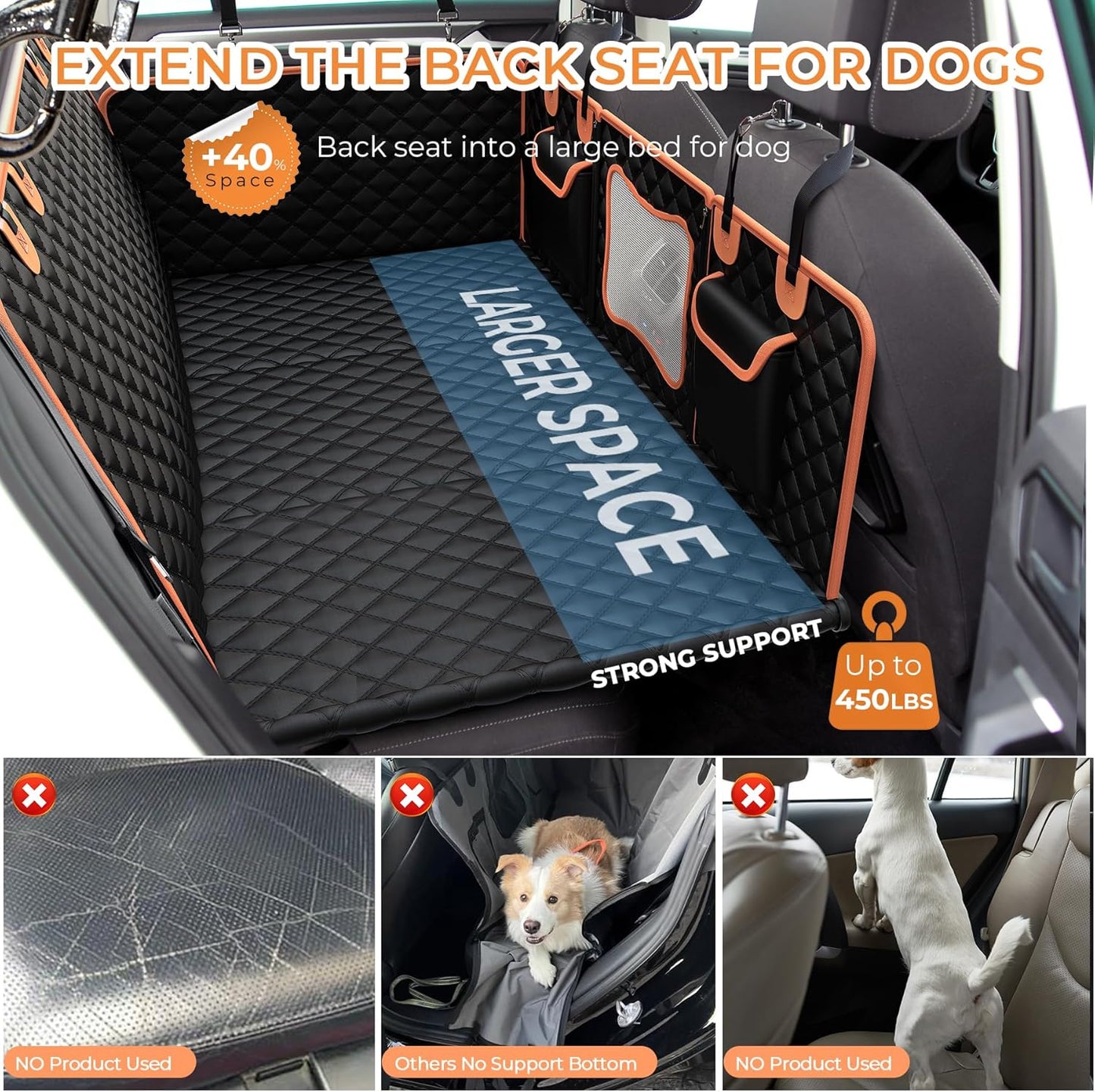 DriveCore Back Seat Extender for Dogs,Dog Car Seat Cover for Back Seat with Hard Bottom Holds 450 lbs Dog Hammock for Car,100% Waterproof for Car/SUV/Small Truck